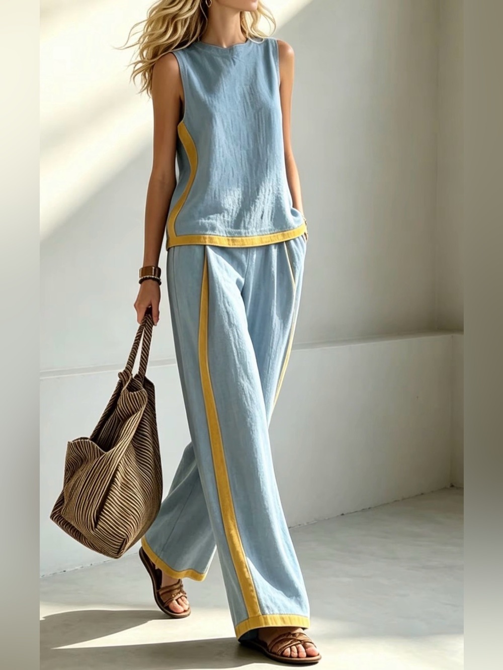 Light Blue & Yellow Two-Piece Women's Lounge Set